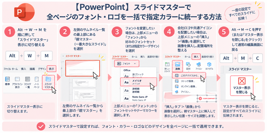 スライドマスターで全ページのフォント・ロゴを一括で指定カラーに統一する方法