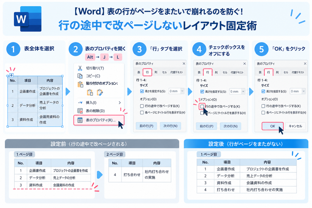 表の行がページをまたいで崩れるのを防ぐ！行の途中で改ページしないレイアウト固定術